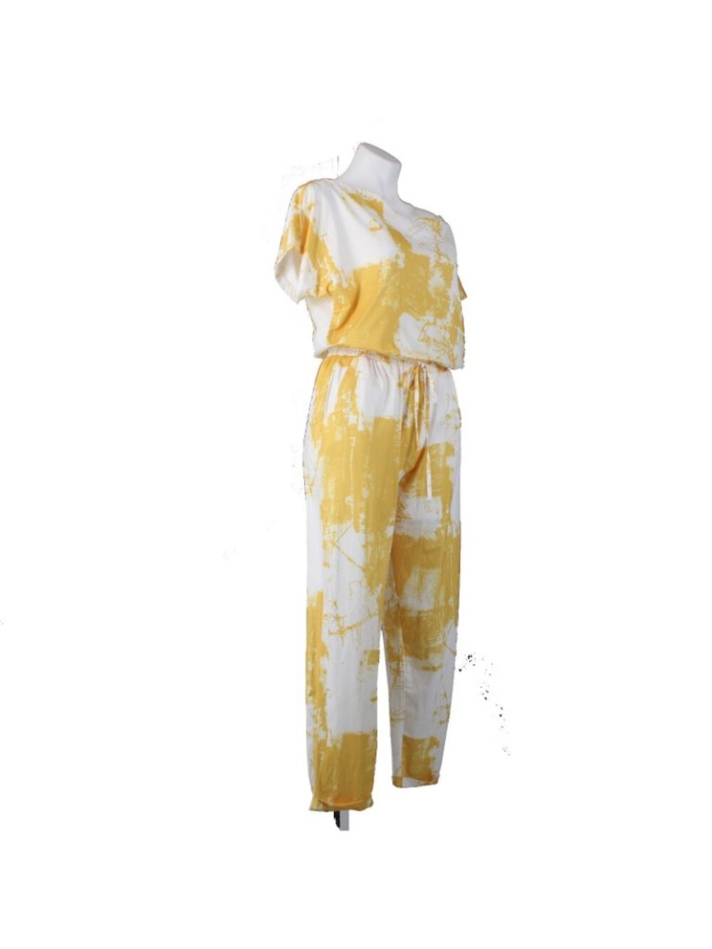 Dress Day Jumpsuit $43 Sz M Yellow White Short Sleeve Poly Jumpsuit - Picture 3 of 14